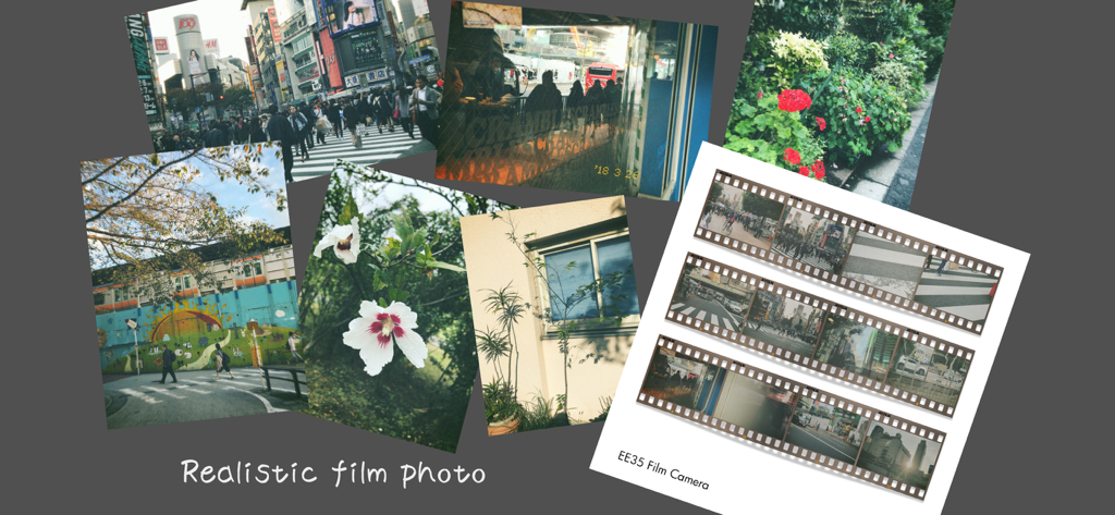 EE35 Film Camera - EE35フィルムカメラアプリで撮影された、リアルなヴィンテージフィルム写真とネガティブストリップのコラージュ。