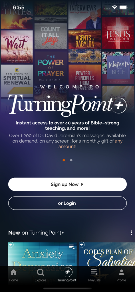Turning Point Ministries - Turning Point Plus welcome screen featuring Dr. David Jeremiah's Bible teaching library with sign up and login options.