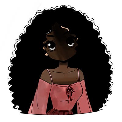 a black anime girl with long afro hair