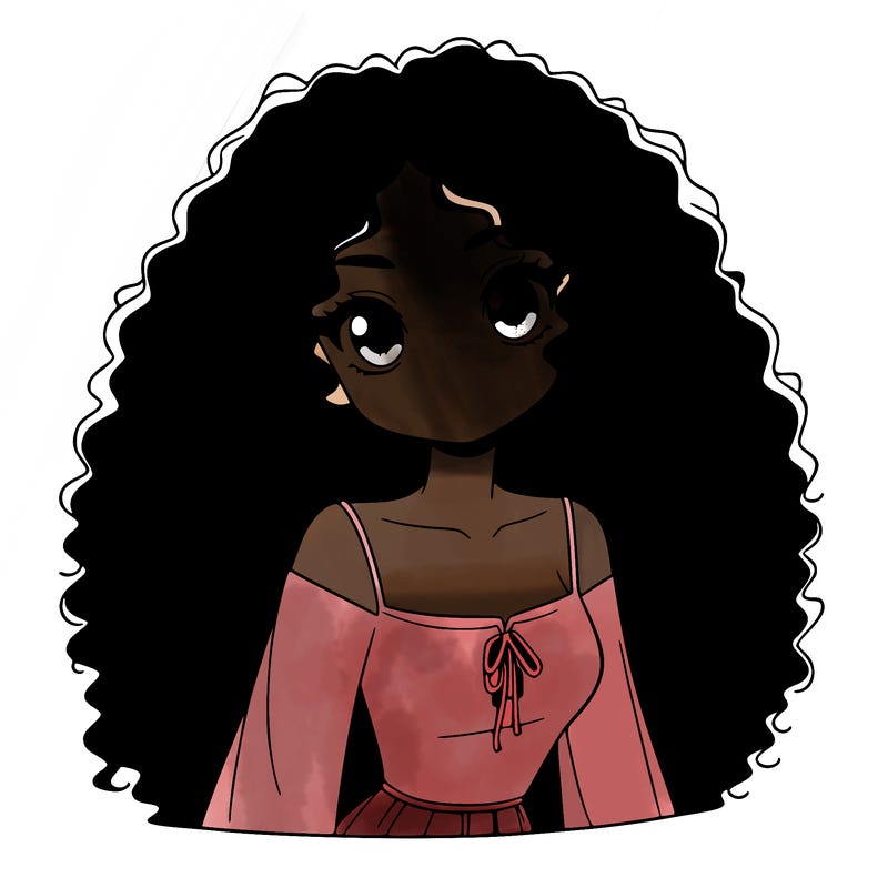 a black anime girl with long afro hair
