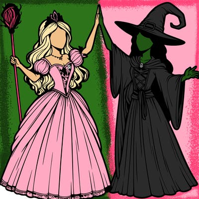 detailed realistic split of a princess and a witch