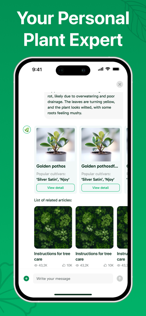 Plant ID - AI Identify Plants - Interfaz de la aplicación Plant ID que muestra un experto personal de plantas con IA identificando un Potos Dorado y proporcionando instrucciones de cuidado.