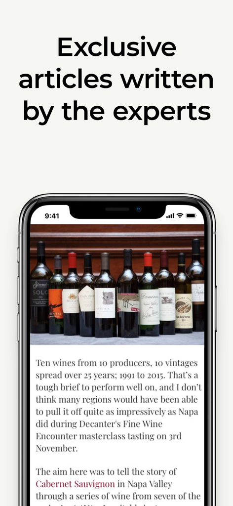 Écran d'application mobile affichant un article exclusif sur le vin par les experts de Decanter Premium