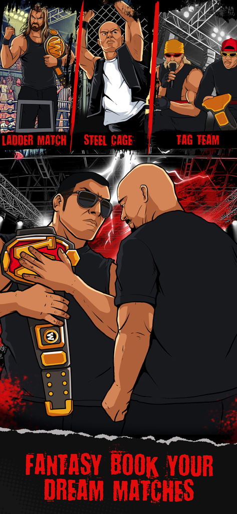 Wrestling GM - Graphic showing different wrestling match types like ladder match and steel cage with text fantasy book your dream matches