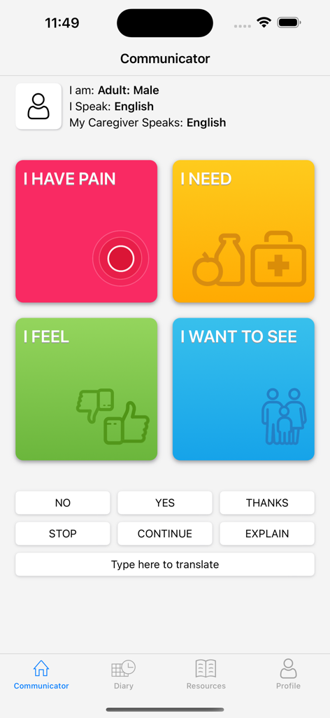 Interfaccia principale dell'app Comunicatore del Paziente che mostra pulsanti visivi per esprimere dolore, bisogni, sentimenti e la visita dei familiari.