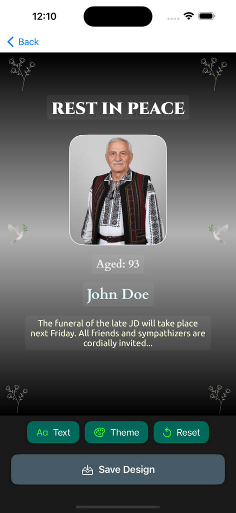 A mobile app interface showing a funeral poster design with a photo of an elderly man and funeral ceremony details.