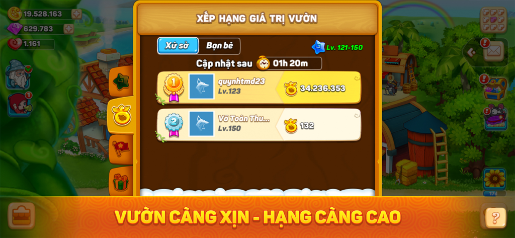 Khu Vườn Trên Mây - Sky Garden - Leaderboard screen in the Sky Garden mobile game showing player garden value rankings and levels.