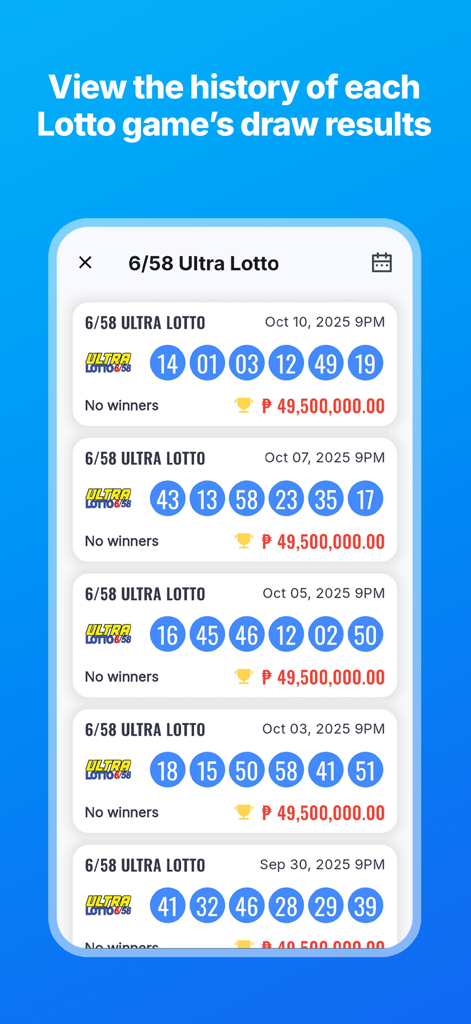 Daily PCSO Lotto Results - Risultati delle estrazioni storiche e numeri vincenti per il gioco PCSO Ultra Lotto 6/58.