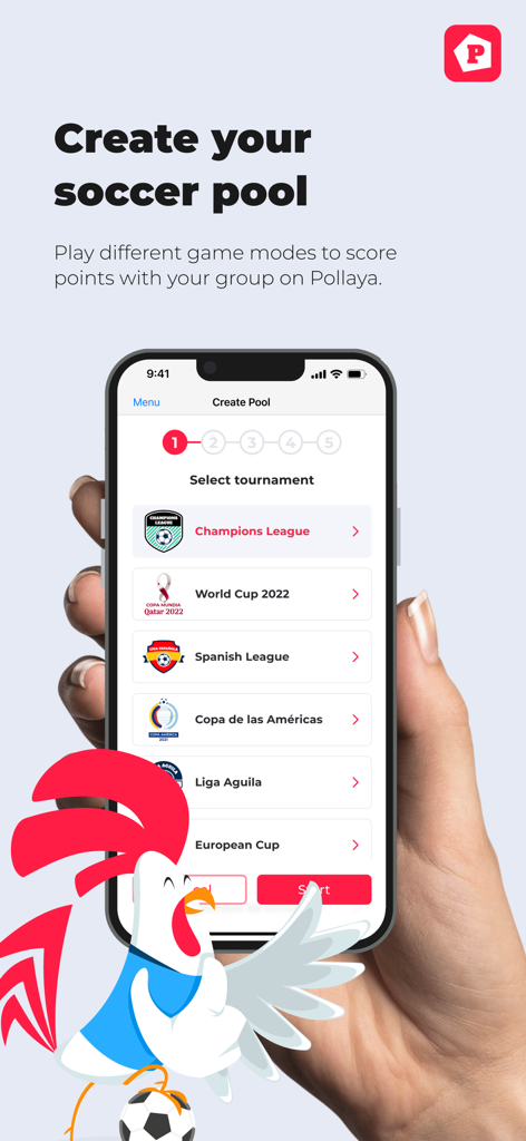 Pollaya - Una mano tiene uno smartphone che mostra la schermata dell'app Pollaya per creare un gruppo di pronostici calcistici con vari tornei elencati.