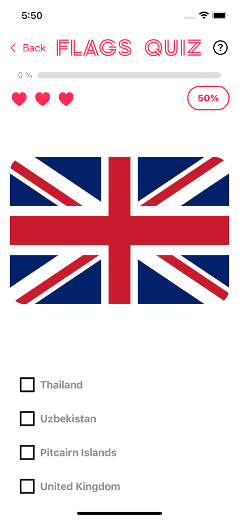 Flags & Countries Quiz! - A multiple choice question in the Flags and Countries Quiz app featuring the United Kingdom flag