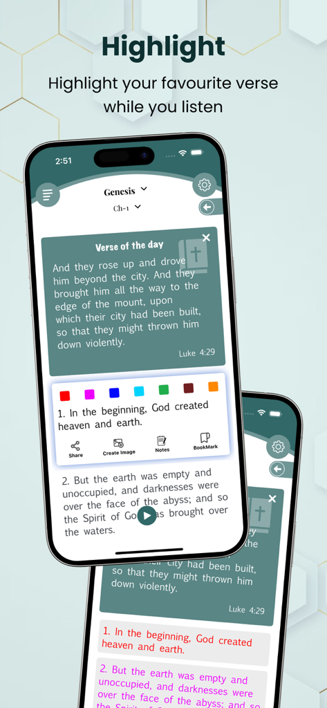 Catholic Jerusalem Bible+Audio - Una pantalla de smartphone que muestra la aplicación Biblia Católica de Jerusalén con un menú para resaltar versículos y el versículo del día.
