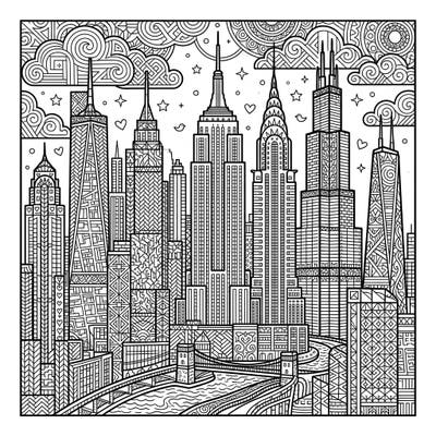 Immerse yourself in a world of architectural wonder with this adult coloring page featuring iconic skyscrapers. Each building is adorned with intricate patterns, offering a relaxing and engaging artistic challenge for mindfulness.