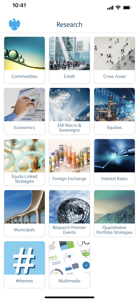 Barclays Live - Research dashboard in the Barclays Live app showing various financial categories like Equities and Foreign Exchange
