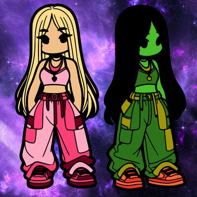 girl in baggy pants crop top and long hair