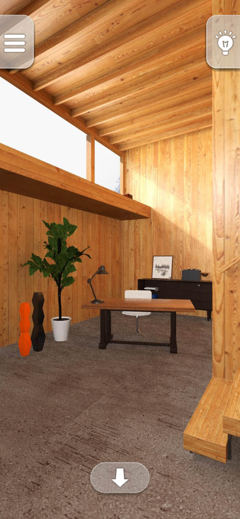 Interior de oficina de madera en el juego ¿Puedes escapar de WoodHouse.