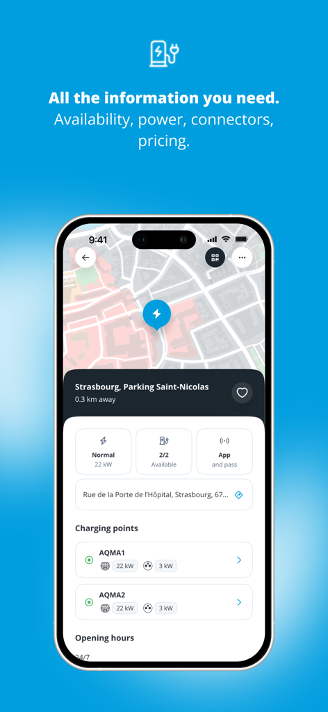 Freshmile – Charge points - Freshmile mobile app showing real-time electric vehicle charging station information and map location