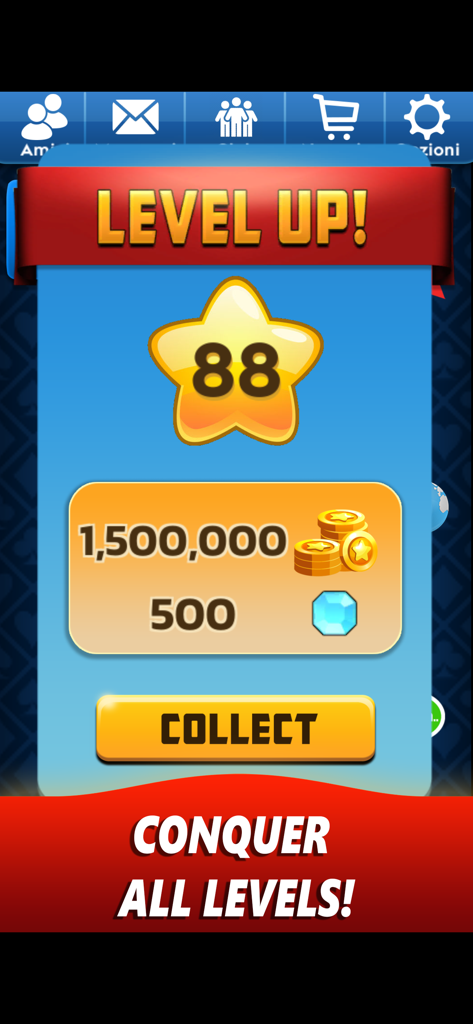 Level-Up-Bildschirm in der Scopa Online-App, der das Erreichen von Level 88 mit Münz- und Edelsteinbelohnungen und einer Sammelschaltfläche zeigt.