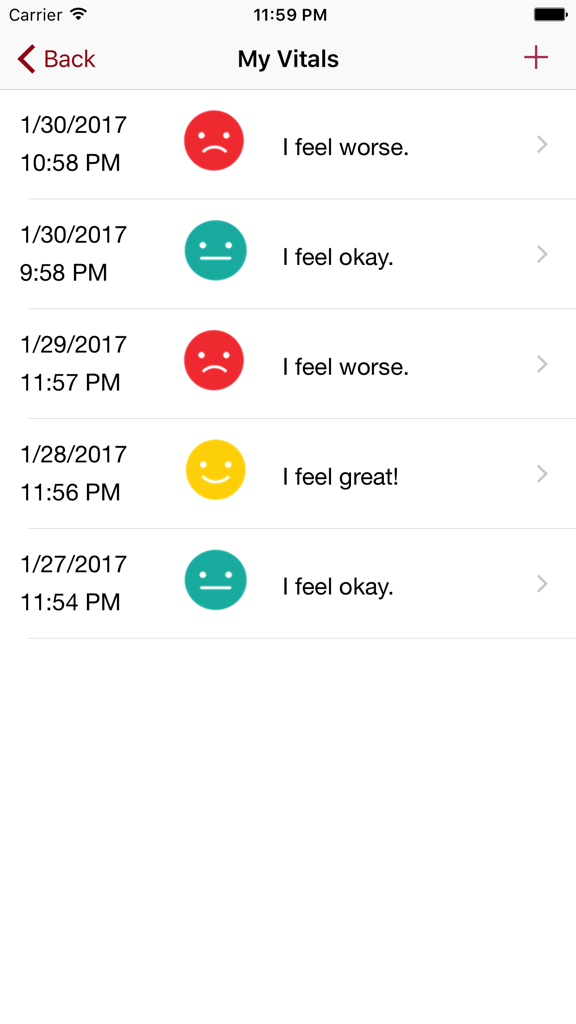 CIS CardioConnect app screen showing a history of daily patient health logs with emoji indicators