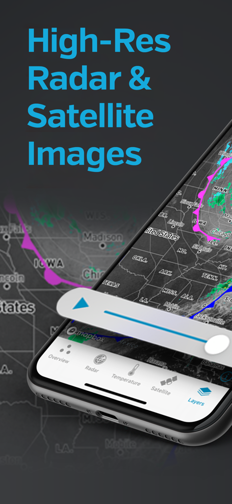 Smartphone displaying Weather Underground high-resolution radar and satellite weather maps