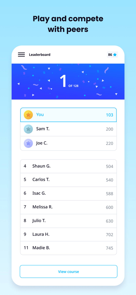 EdApp: Mobile LMS - EdApp mobile leaderboard showing user rankings and scores to encourage peer competition