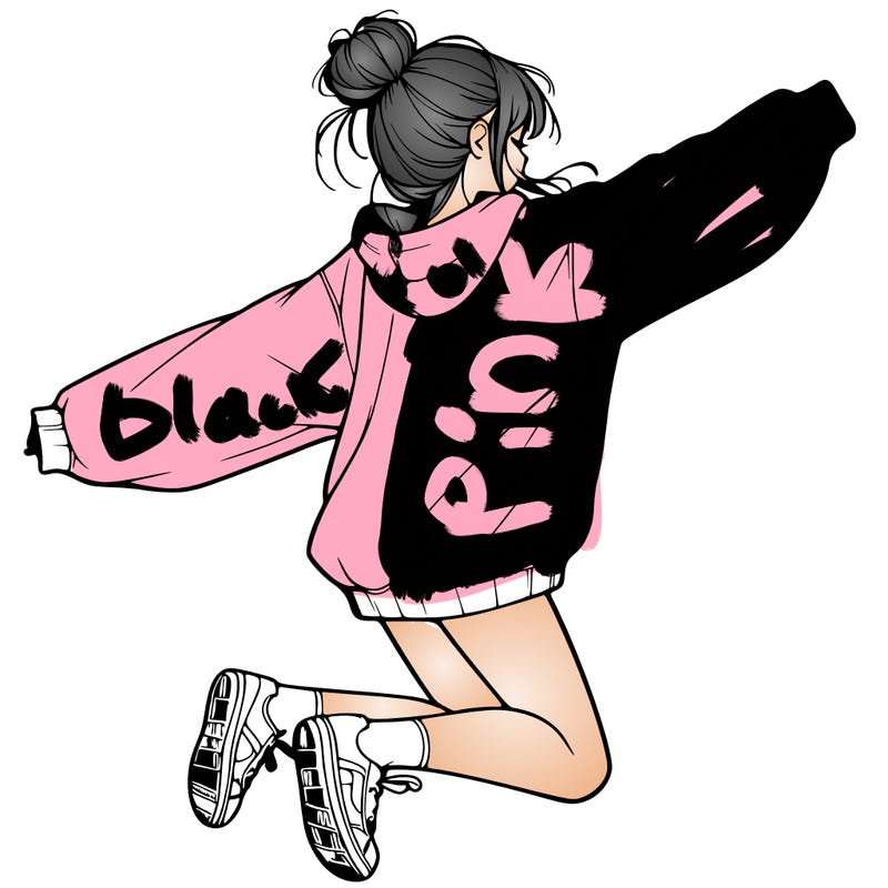 realistic girl jumping with a bun and oversized sweatshirt