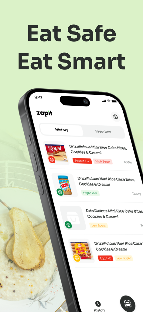 Food & Product Scanner - zapit - The zapit app history screen showing scanned grocery items with nutrition and allergen labels