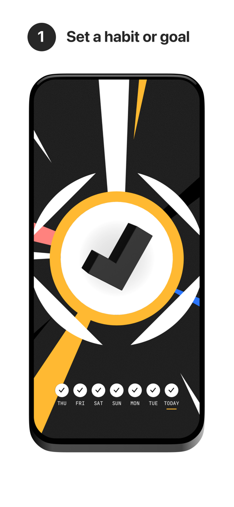 (Not Boring) Habits - Interface of Not Boring Habits app displaying a set goal with a bold checkmark and a weekly progress bar