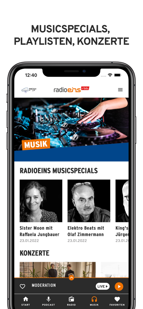 Captura de pantalla de la sección de música de la aplicación radioeins con programas musicales seleccionados y perfiles de presentadores