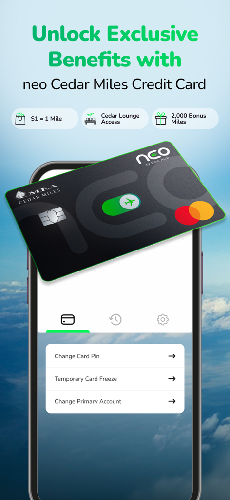 Interfaz de la aplicación móvil neo by Bank Audi que muestra las opciones de recompensas y gestión de la tarjeta de crédito Cedar Miles.