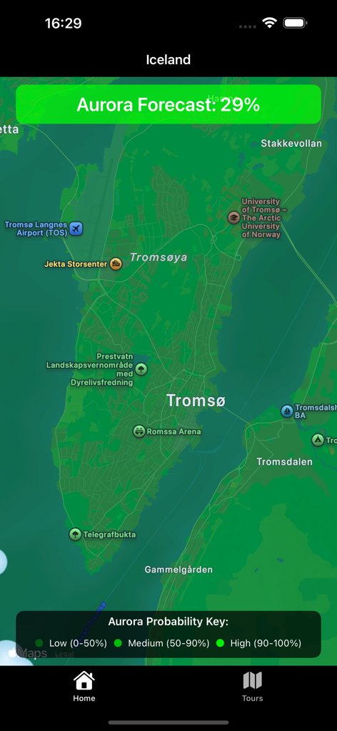 Aplicativo Northern Lights mostrando uma probabilidade de previsão de aurora de 29 por cento em um mapa de Tromso