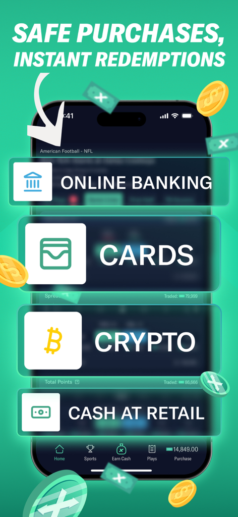 ProphetX Prediction Market - ProphetX app screen showing payment and redemption methods including online banking cards crypto and cash at retail