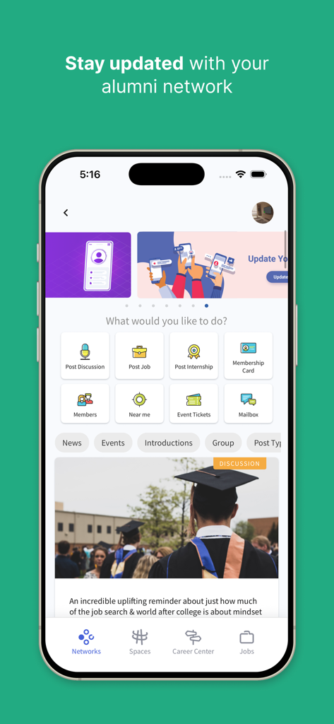 My Alumni Network - Home screen of the My Alumni Network mobile app showing professional networking and job board features.