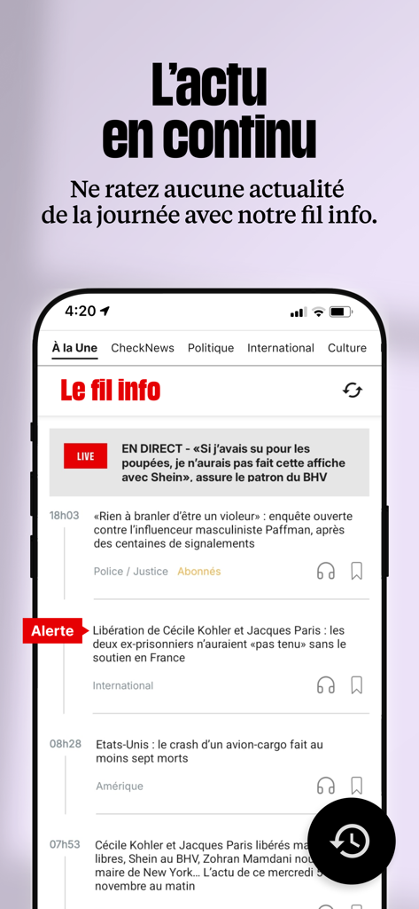 Captura de tela do aplicativo Liberation mostrando a interface do feed de notícias ao vivo com manchetes e alertas em francês.