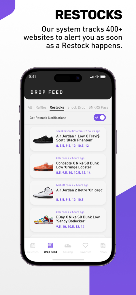 Sneaker Crush mobile app interface showing a restock drop feed with alerts for Air Jordan and Nike sneakers.