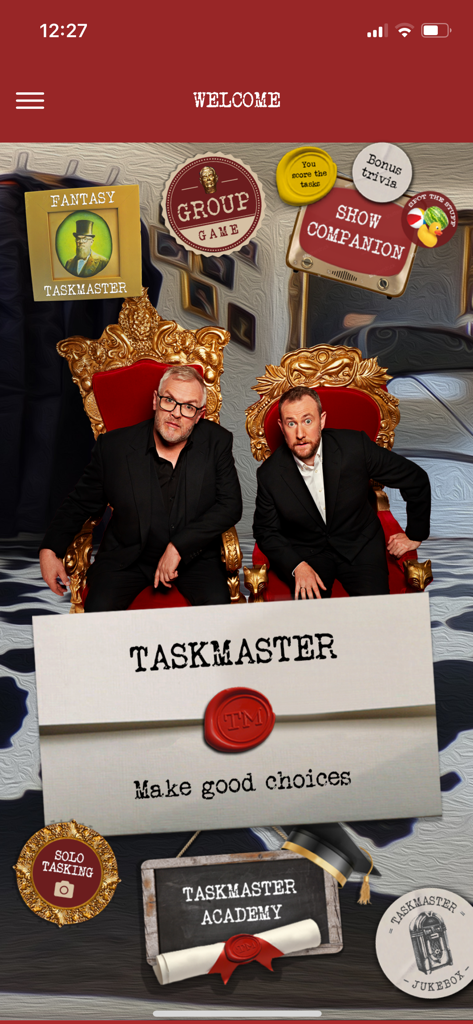 Taskmaster The App - The home menu of the Taskmaster app featuring hosts Greg Davies and Alex Horne with links to Fantasy Taskmaster and Group Game.