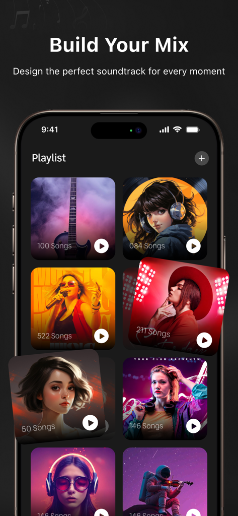 RYT Music Player app screen showing custom playlist creation and mood based music categories on iPhone
