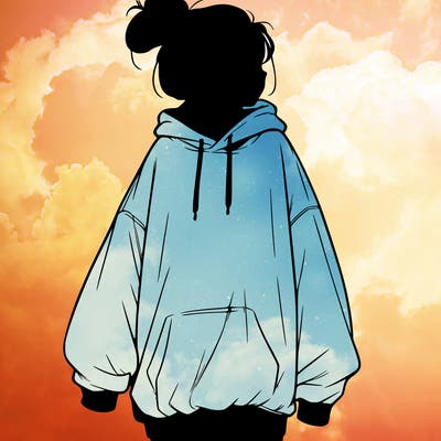realistic girl with a oversized sweatshirt on and a bun