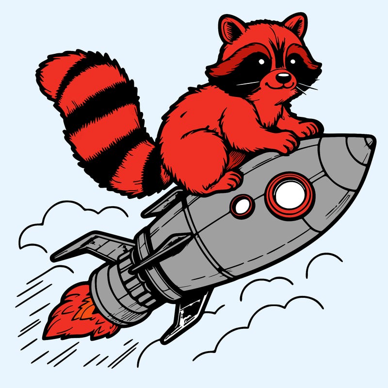 realistic raccoon flying on top rocket ship