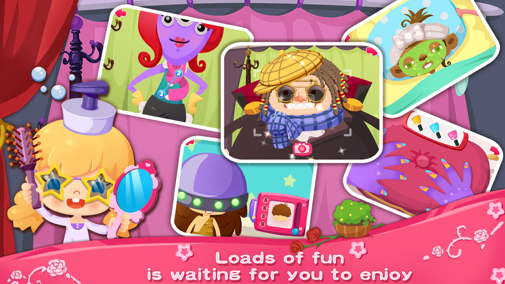Candy's Beauty Salon - Collage of gameplay scenes from Candys Beauty Salon showing various hair and makeup minigames