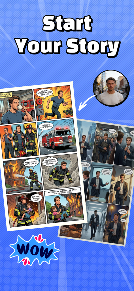 Koma - AI Manga & AI Comics - A screenshot showing a person's photo being transformed into a professional comic book character with the text Start Your Story.