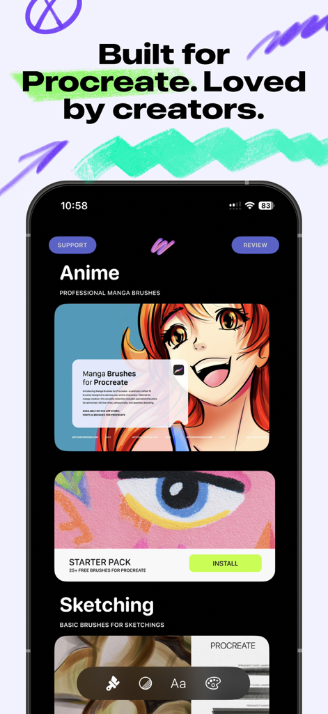 Mobile app interface for Art Brushes for iPad showing professional anime and manga brush packs for Procreate.