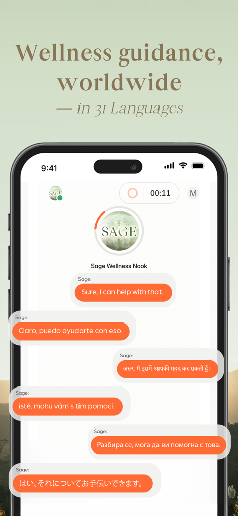 A mobile screen showing the Wellness Nook app chat interface with automated wellness guidance messages displayed in multiple languages