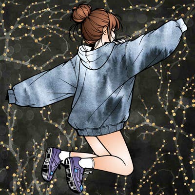 realistic girl jumping with a bun and oversized sweatshirt