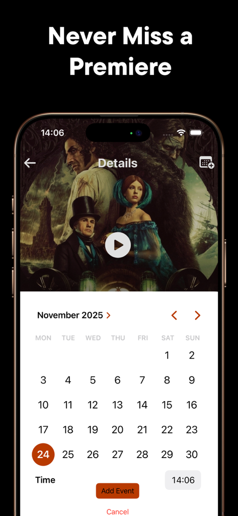 Interfaz de una aplicación móvil que muestra un calendario para programar recordatorios de estrenos de películas.