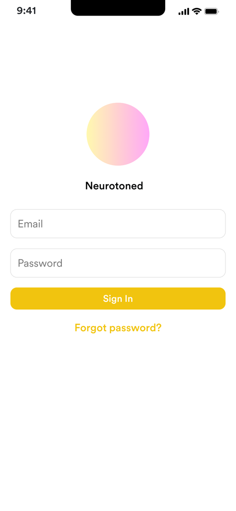 Pantalla de inicio de sesión de la aplicación móvil Neurotoned con campos de correo electrónico y contraseña y un botón amarillo de inicio de sesión