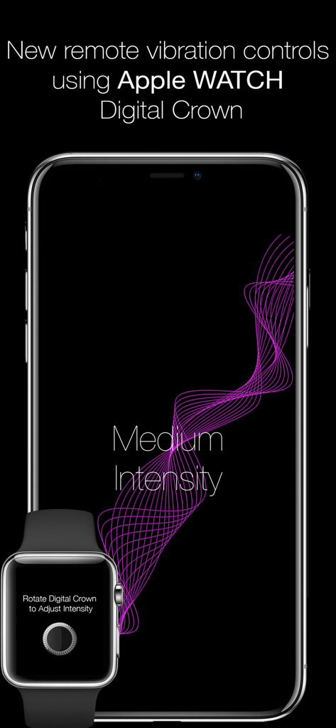 iPhone and Apple Watch displaying remote vibration controls using the Digital Crown for the 3D Massage app.