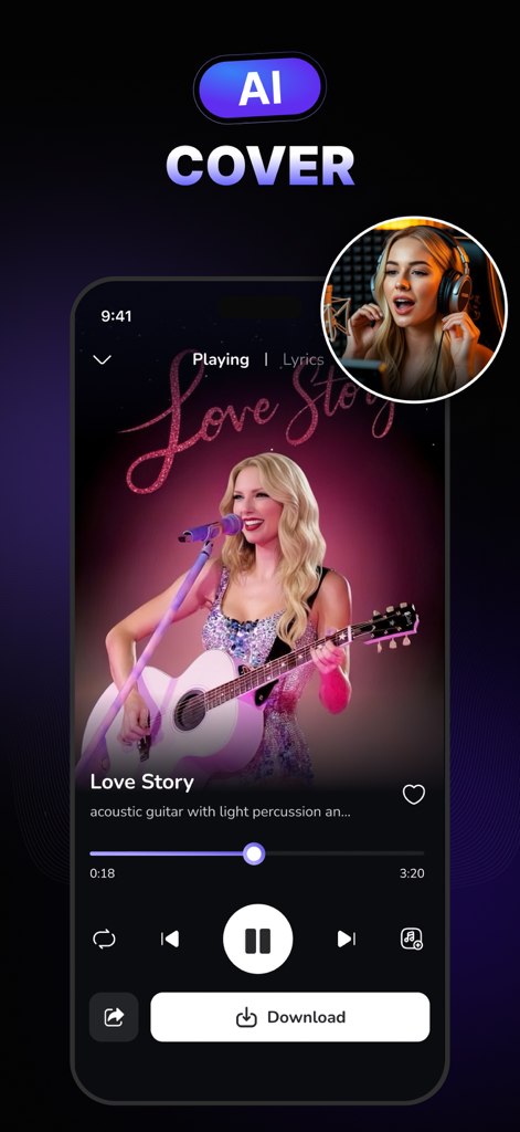 AI music generator app interface showing the AI cover feature with a song playback screen and download button