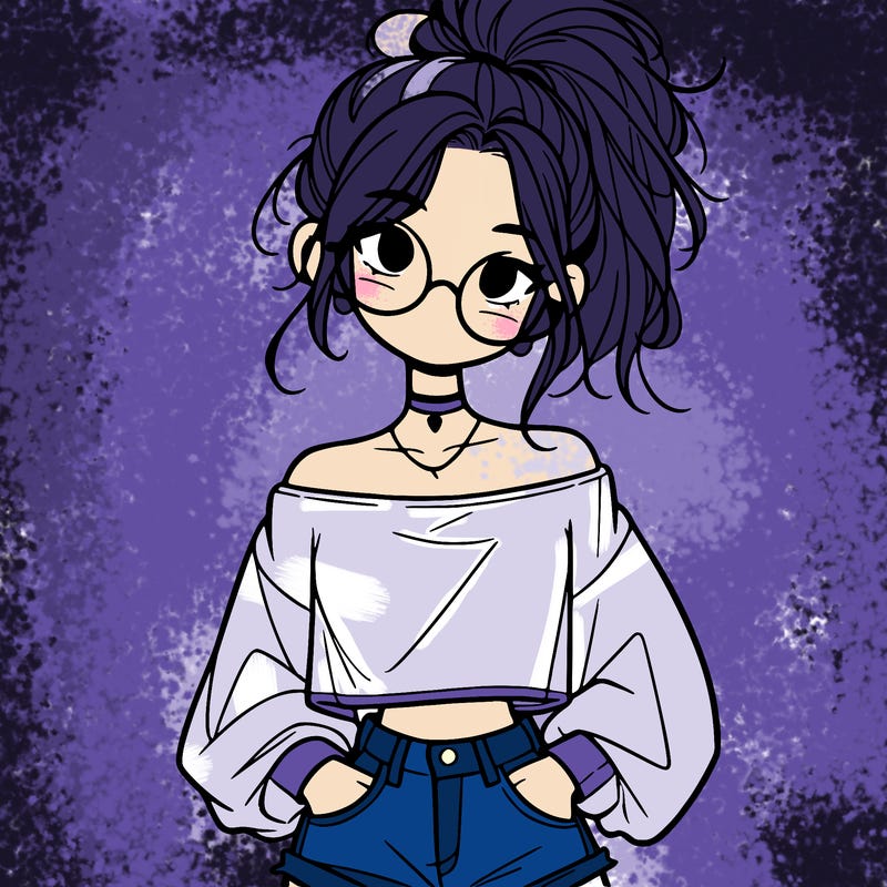 girl with a messy ponytail glasses a baggy crop top and jean shorts