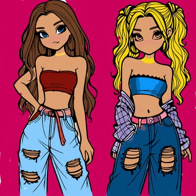 2 girls in crop tops and baggy jeans ripped