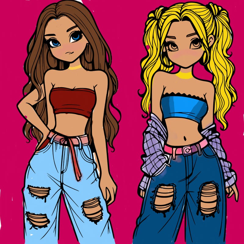 2 girls in crop tops and baggy jeans ripped